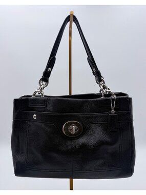 Coach Women’s Black Leather Shoulder Bag Silver-Tone Hardware & Turnlock Closure